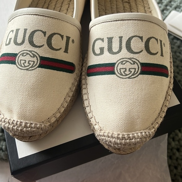GUCCI Women's GG Logo EU 39 Web cream color Canvas Espadrilles Flats - Picture 2 of 16